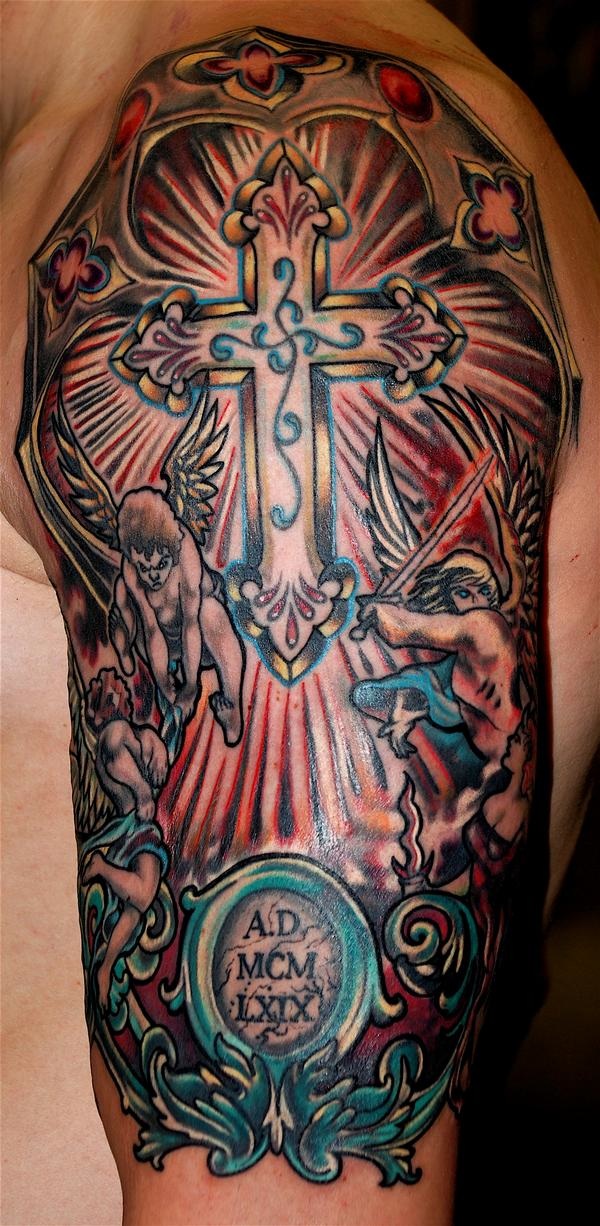 male angel tattoo. Angel Battle and Cross