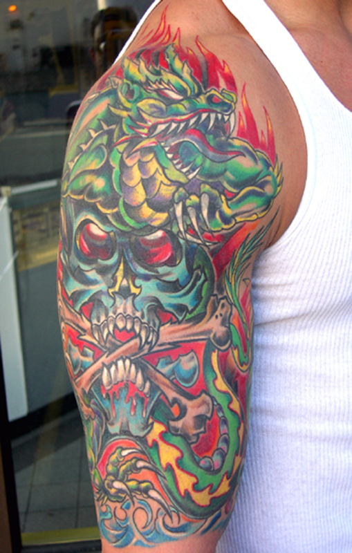 Full Sleeve Tattoo Commitment Dragon and Skull, High Color